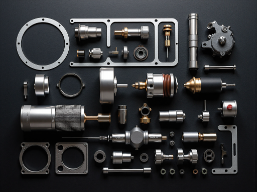 工业自动化组件集合，包括传感器、控制器等设备排列在桌面上，深灰色背景