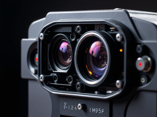 黑色工业相机正面特写，金属外壳，多个接口连接线，白色背景